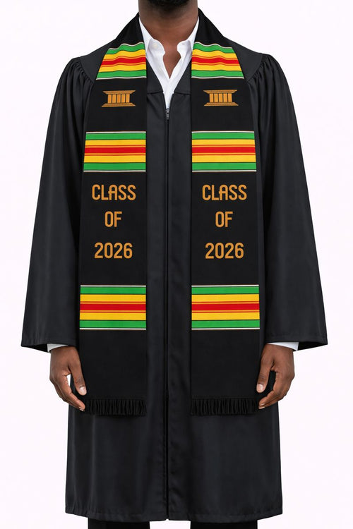 Class of 2026 Graduation Black Kente Stole Key and Stool Symbol