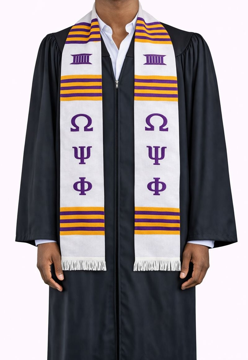 Omega Psi Phi White with Purple Letters Kente Stole