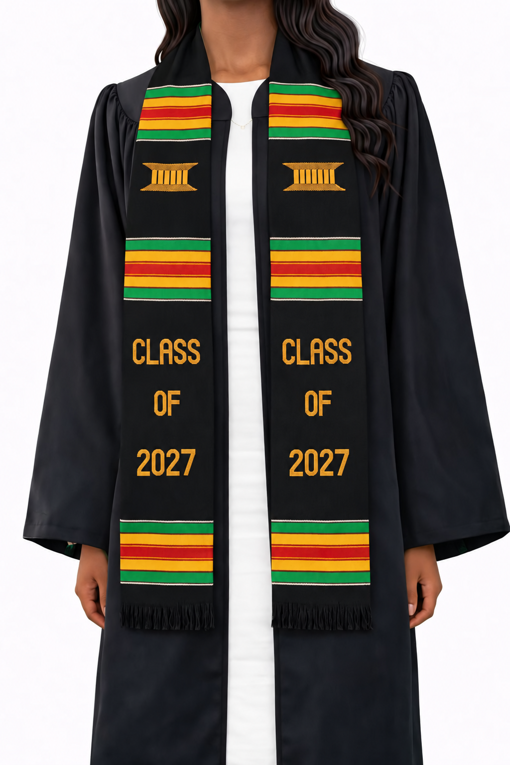 Black Class of 2027 Kente graduation stole with gold lettering, stool symbols, and green, gold, and red stripes, worn over a graduation gown